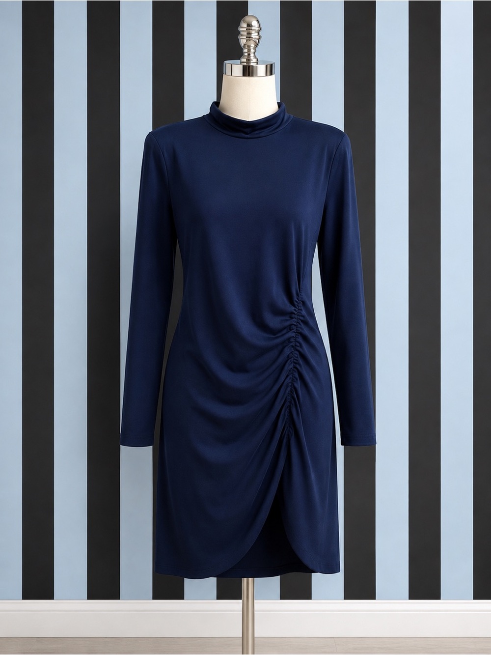 Nordstrom Navy Long-Sleeve Ruched Side Dress